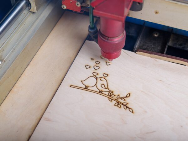 Photo of laser cutting two birds into wood